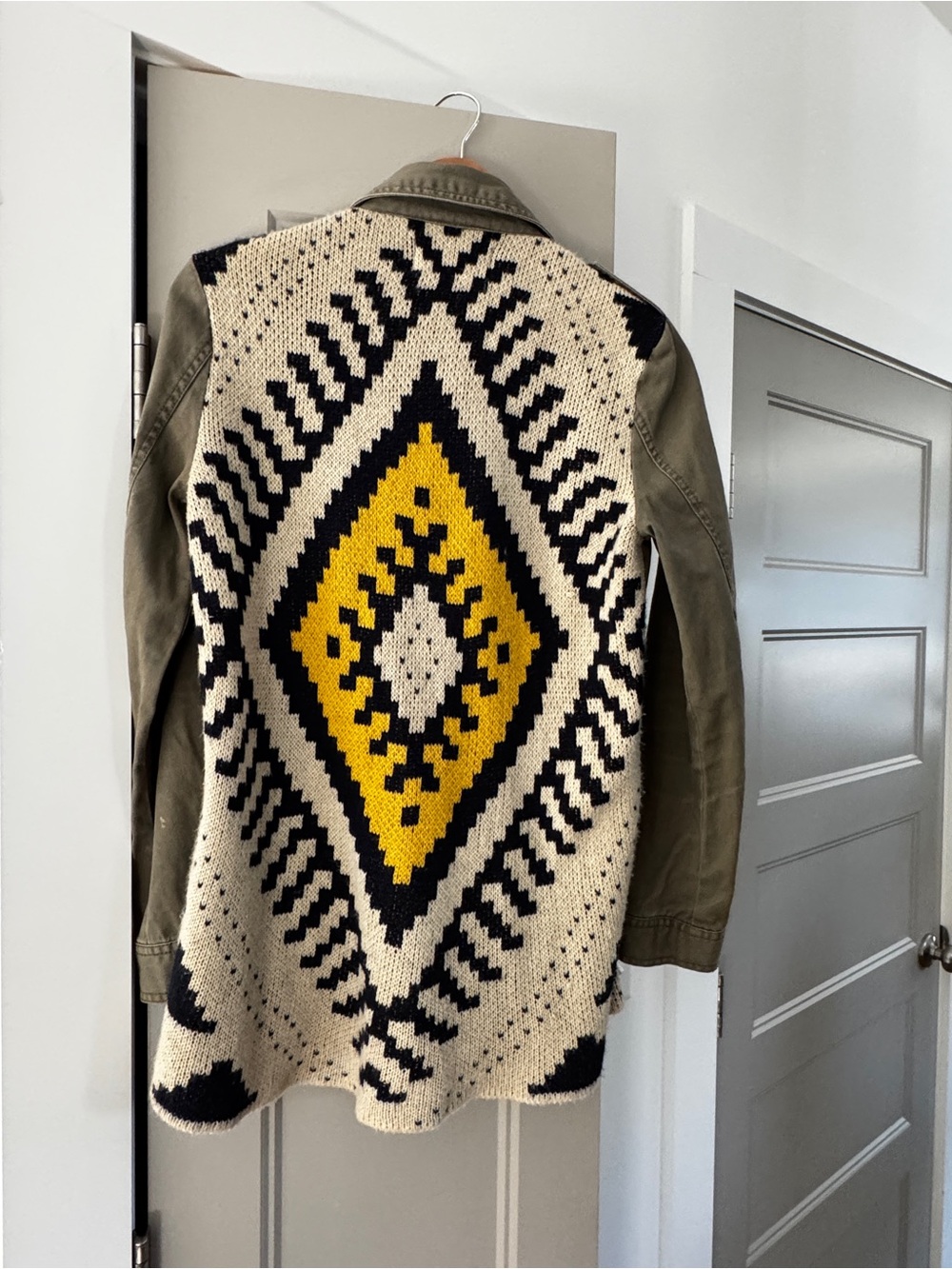Vintage Blu Pepper Yellow Black Cream Diamond Knit Open-Front Cardigan Jacket
